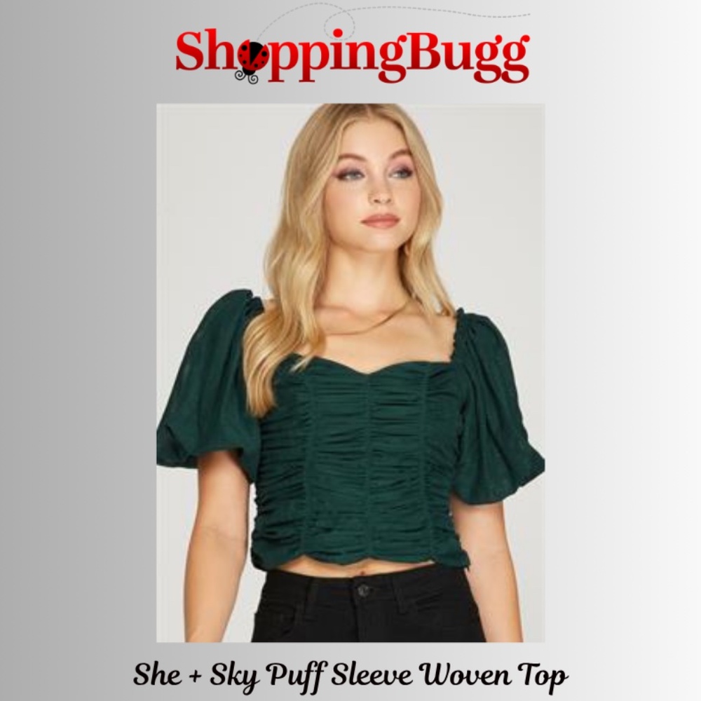 She + Sky Puff Sleeve Ruched Woven Top in Sea Green ~ NWT! (SB375)